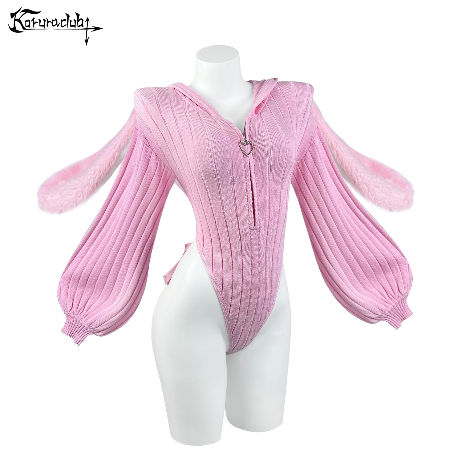KORURACLUB Women's Cute home pajamas Bunny jumpsuit Heart zipper Knitted bubble long sleeves Plush bunny tail cosplay costume