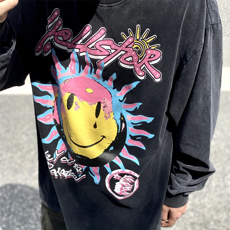 

2023 Hellstar Extra Large Cotton T-Shirt Vintage Wash Black Print High Street Men's And Women's Long Sleeve T-Shirt