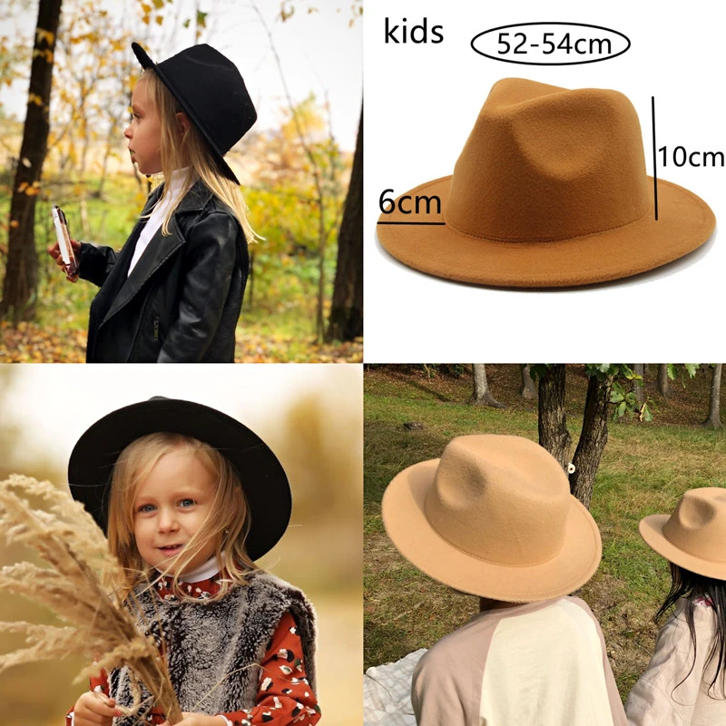 fedora hats for big heads Fedoras Hats Boys Girls Small 52cm 54cm Felted Kids Hats Solid Camel Black Dress Formal Panama Women Hats New Sombreros De Mujer brown fedora