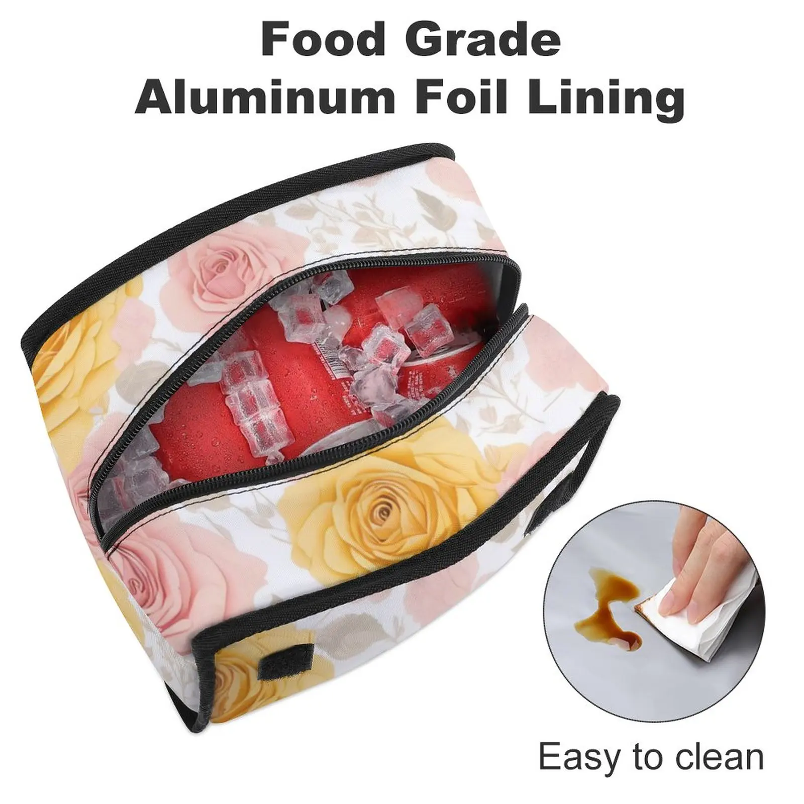 Rose Print Insulated Bag Lunch Box Thermal Lunch Box for Food Large Format Insulated Bag Multipurpose Bag for Meal Boxes
