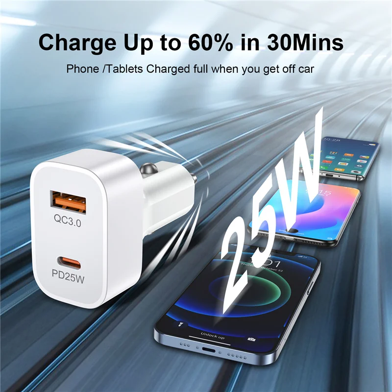 Square USB Car Charger Quick Charge QC3.0 PD25W Type C 25W Fast Charging for iPhone Xiaomi Mobile Phone