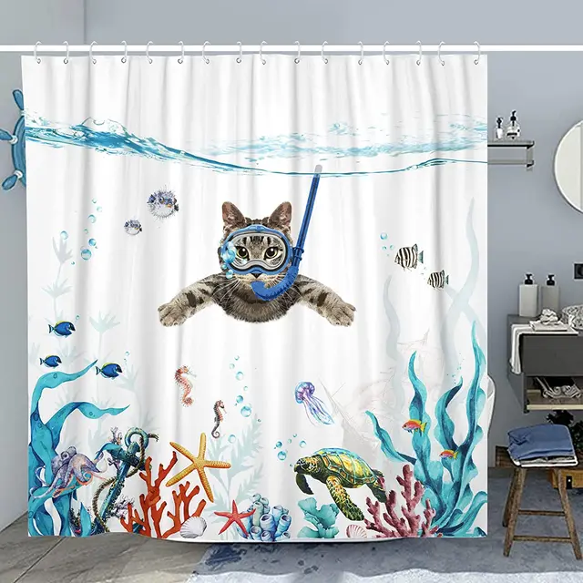 Funny Diving Dog Cat Shower Curtain