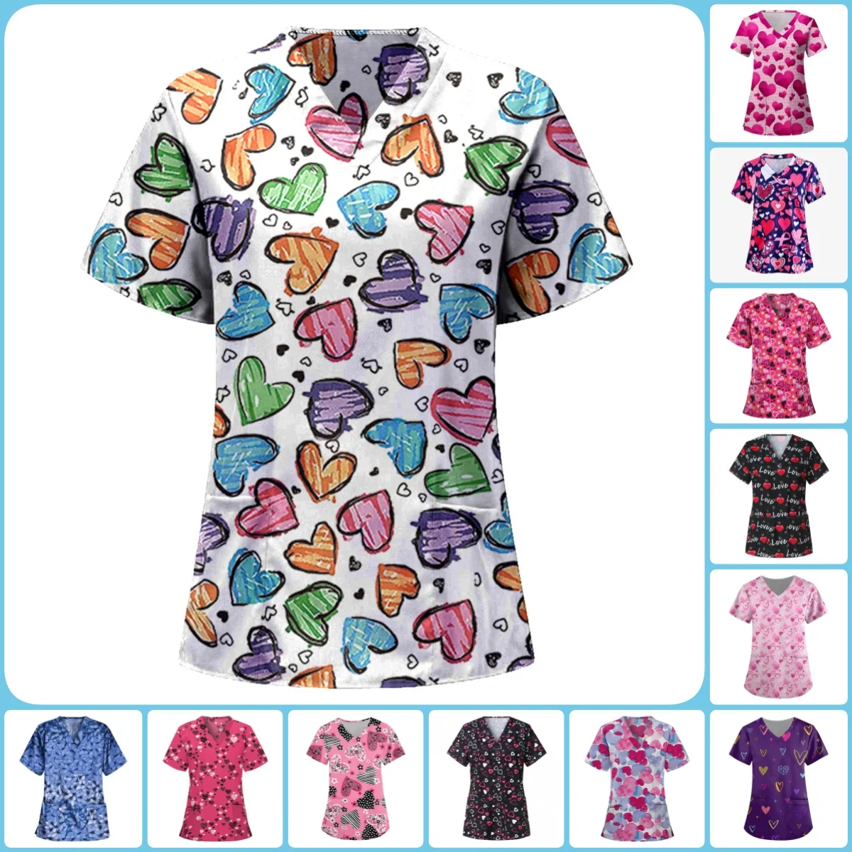 Uniformen Frauen medizinische elegante Herz druck Geburtshilfe Medico Top Mode V-Ausschnitt Kurzarm mit Tasche klinische Uniformen Frau