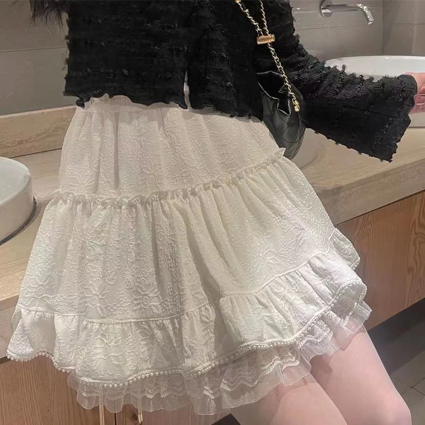 White Lace Mini Skirt for Women Girl Kawaii Short Skirt for Summer Fairycore Clothes Korean Fashion Lolita Clothing Fairy Core