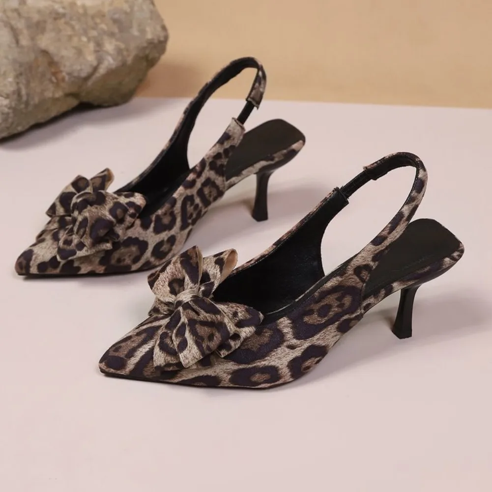 Brand High Heels Women Modern Sandals Bowknot Pointed Shallow Versatile Leopard Print Sexy Stiletto Luxury Party Shoes for Lady