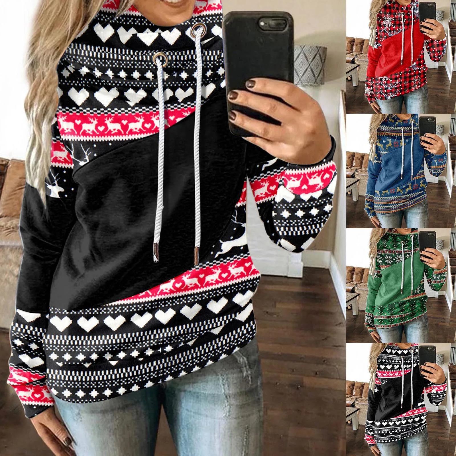 Vantage Hoodies Womens Black Christmas Striped Sweater Warm Long Sleeve Blouse Oversize Ugly Tee Tops Female New Year Pullovers