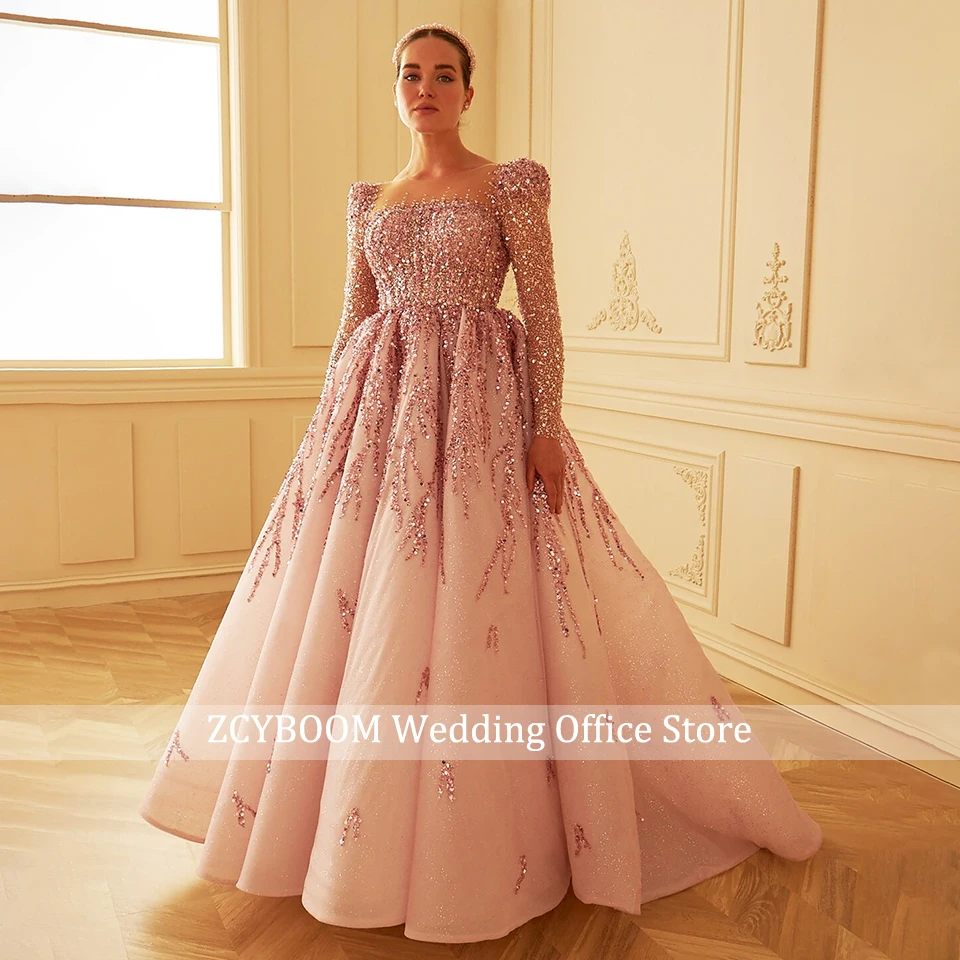 Luxuriöses Rosa A-Linien-Abendkleid mit Perlen im Muslimischen Dubai-Stil 2026 Glitzer-Pailletten Langarm Hochzeitsgast-Abendkleid für Damen – Detail 3