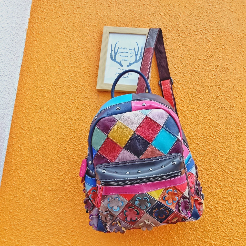 

New genuine leather women's bag, casual cross-border women's bag, niche color handmade contrasting backpack, backpack