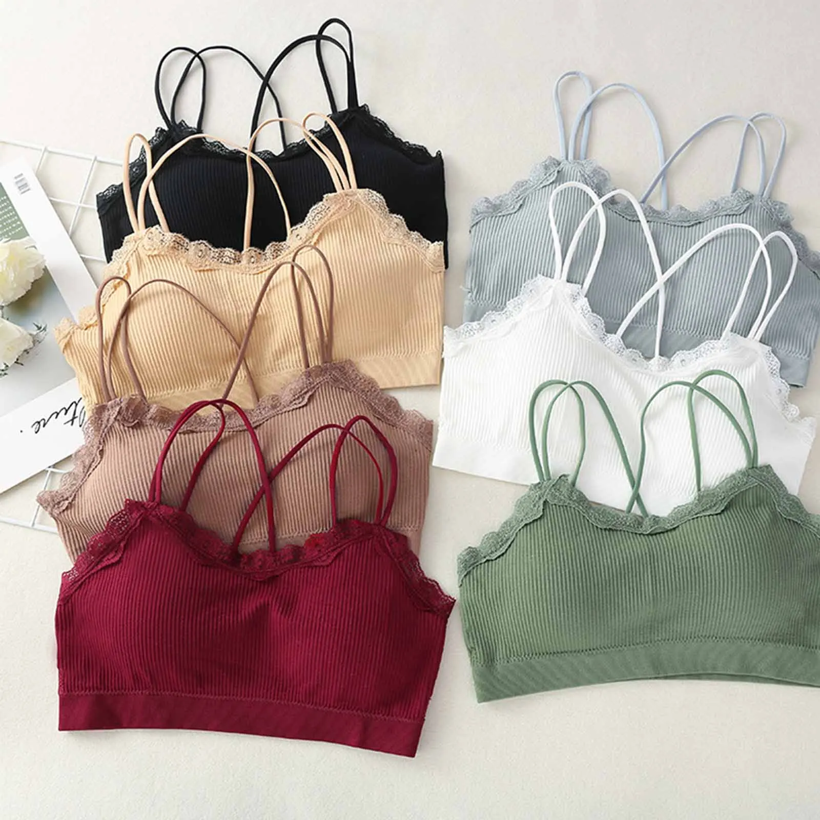 Womens Sexy Lace Camisole Padded Tube Tops Bra Comfort Tanks Intimate Underwear Crop Top Female Wireless Bra Solid Camisole