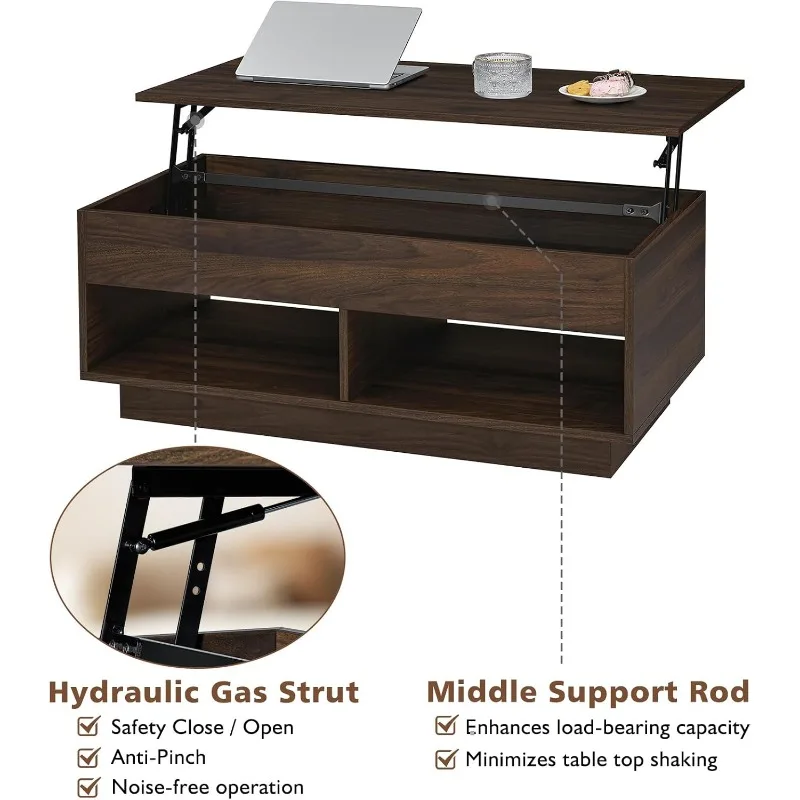 Lift Top Coffee Table with Hidden Storage LED Coffee Table Dark Walnut Living Room 3 Tiers Tea Table with Storage Center Tables. 6