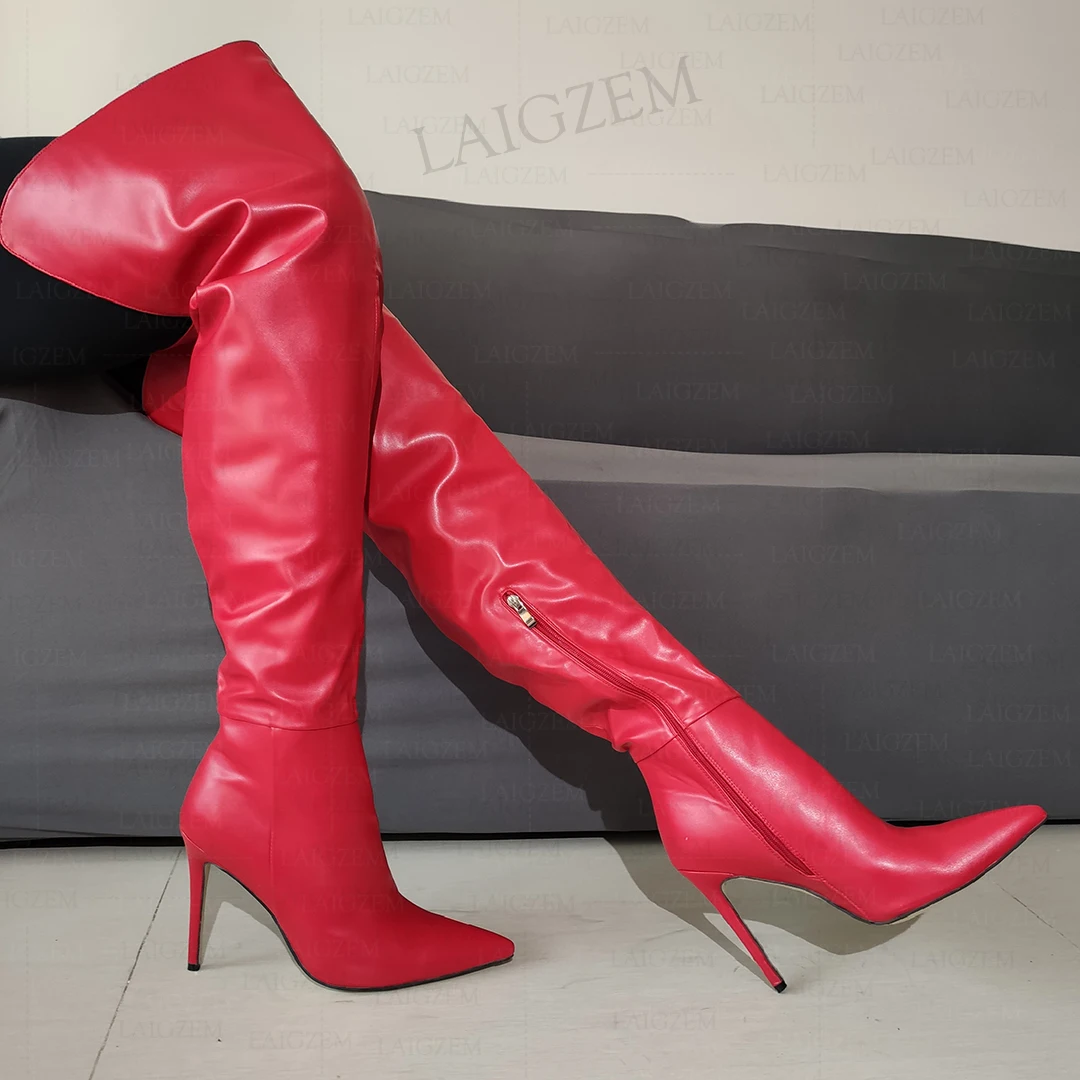 LAIGZEM-Botas altas hasta el muslo para mujer, zapatos de piel