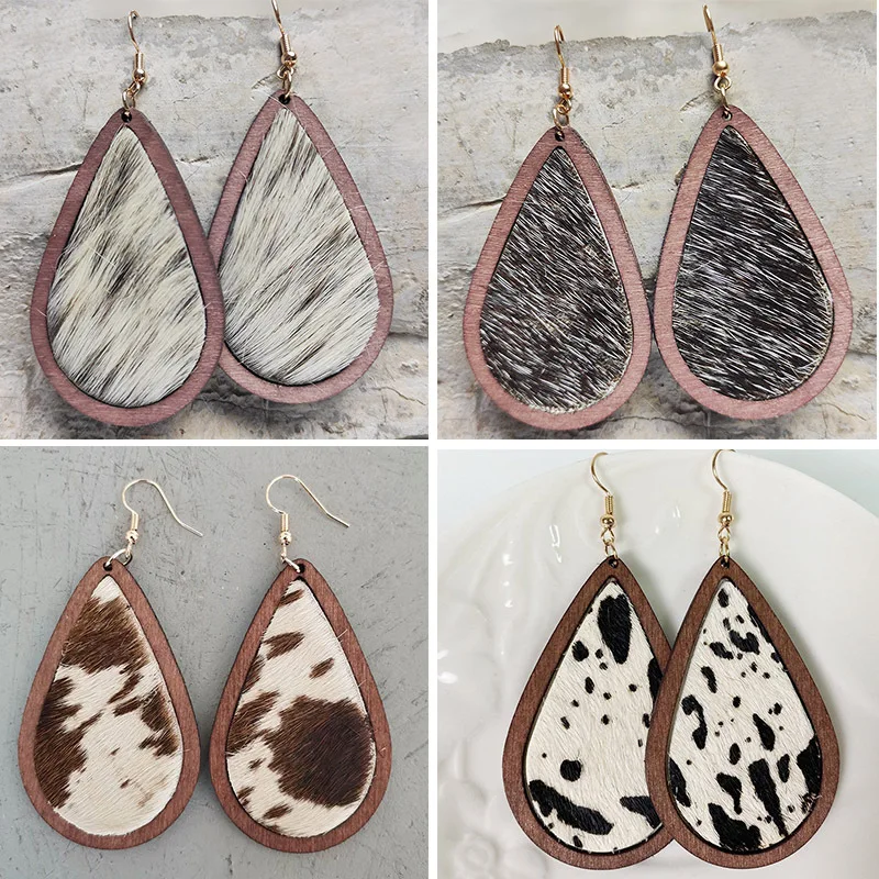 

Raylene Leopard Print Horsehair Cowhide Earrings Europe and The United States Bohemian Cow Pattern Water Drop Wooden Earrings