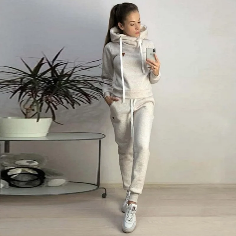 Sports Hoodie Set Women's Fleece Hoodie+Pants Two Piece Set Women's Solid Color Hooded Jogging Set High Collar Long Sleeve Set