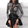 Sexy Sheath Mini Dress For Women Zipper Pockets Lace Long Sleeve Patchwork Party Dresses Elegant Stand Neck Button Slim Vestidos 2