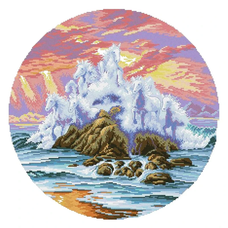 Amishop Gold Collection Conted Cross Stitch Kit Wild Surf Galloping Horses Waves Sea Sunset Dim 00353