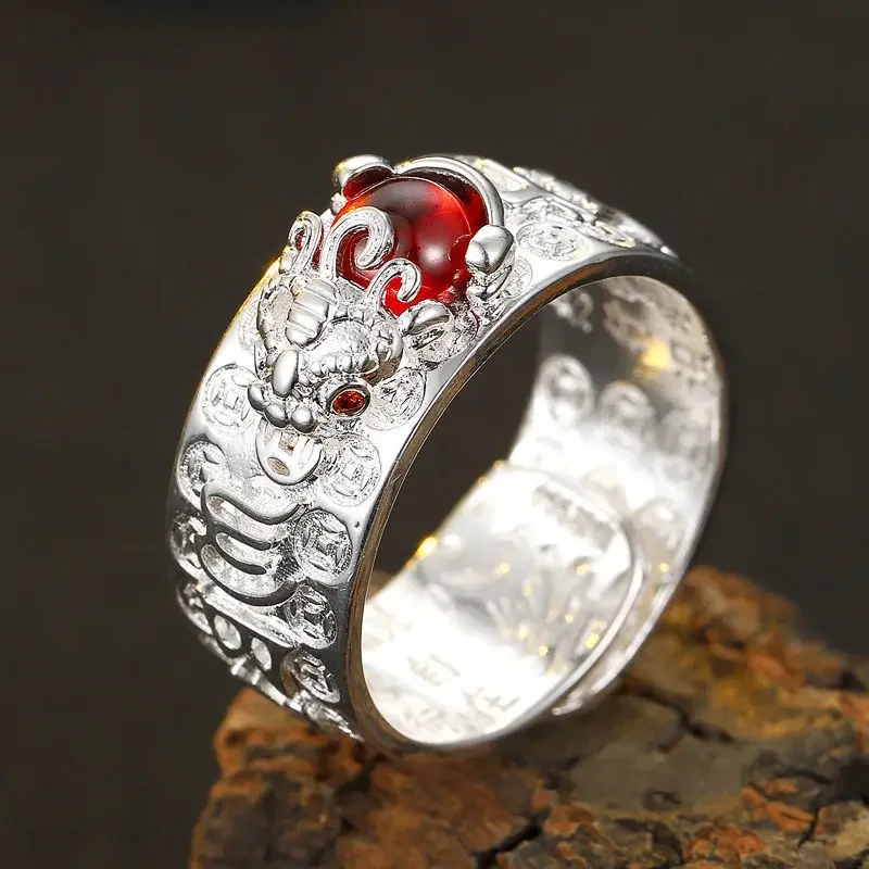 Elegant Red Garnet Heart Sutra Ring in Vintage Thai Silver and Rose Gold Jewelry