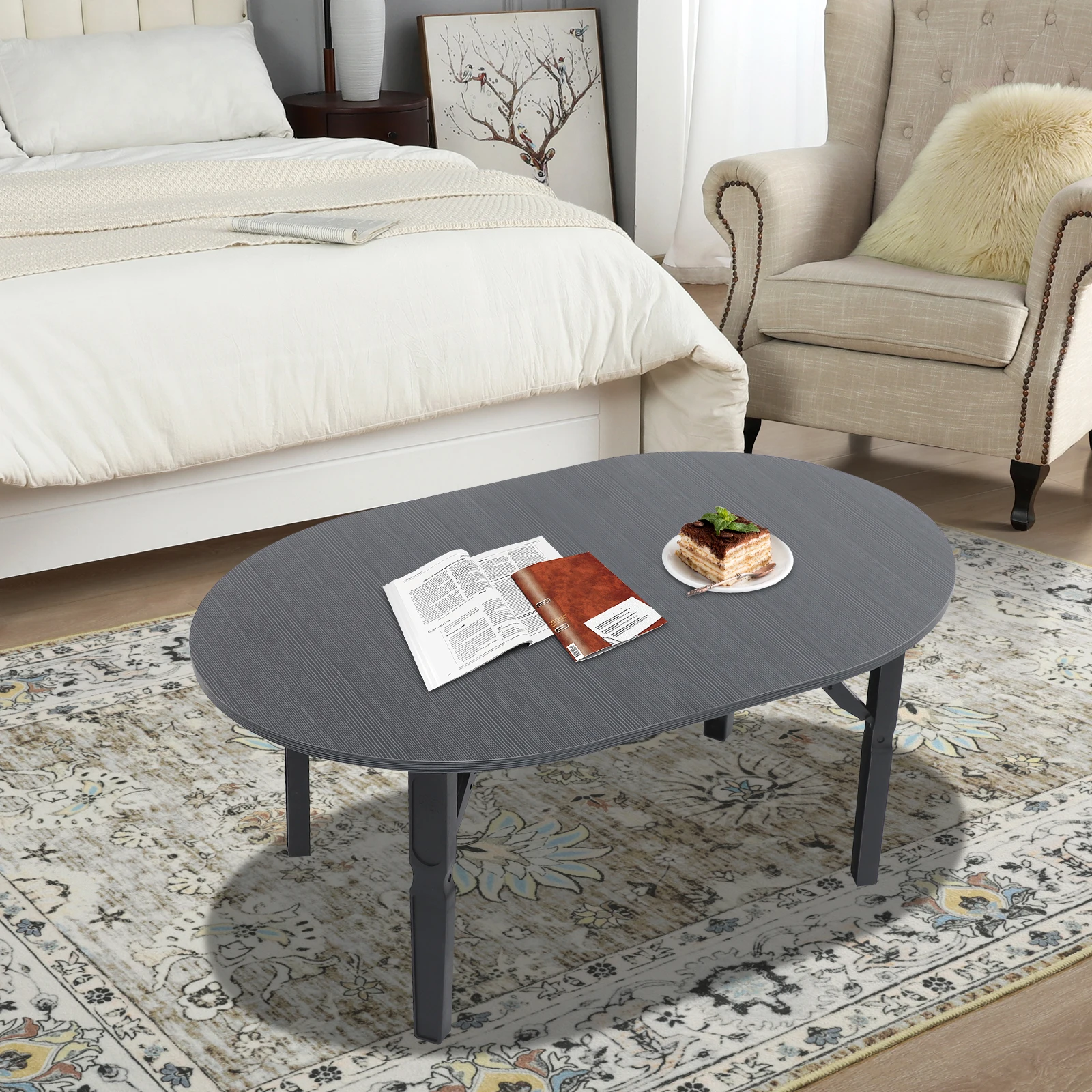 Foldable Coffee Table Modern Oval Side Table for Living Room, Bedroom & Office No Assembly Needed 1