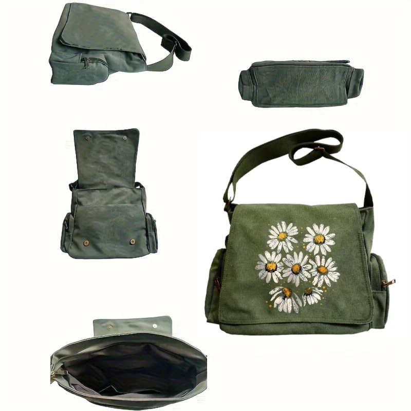 Vintage Women's Shoulder Bag Canvas Daisy Print Large Capacity Diaper Bag for Daily Use Crossbody Bag