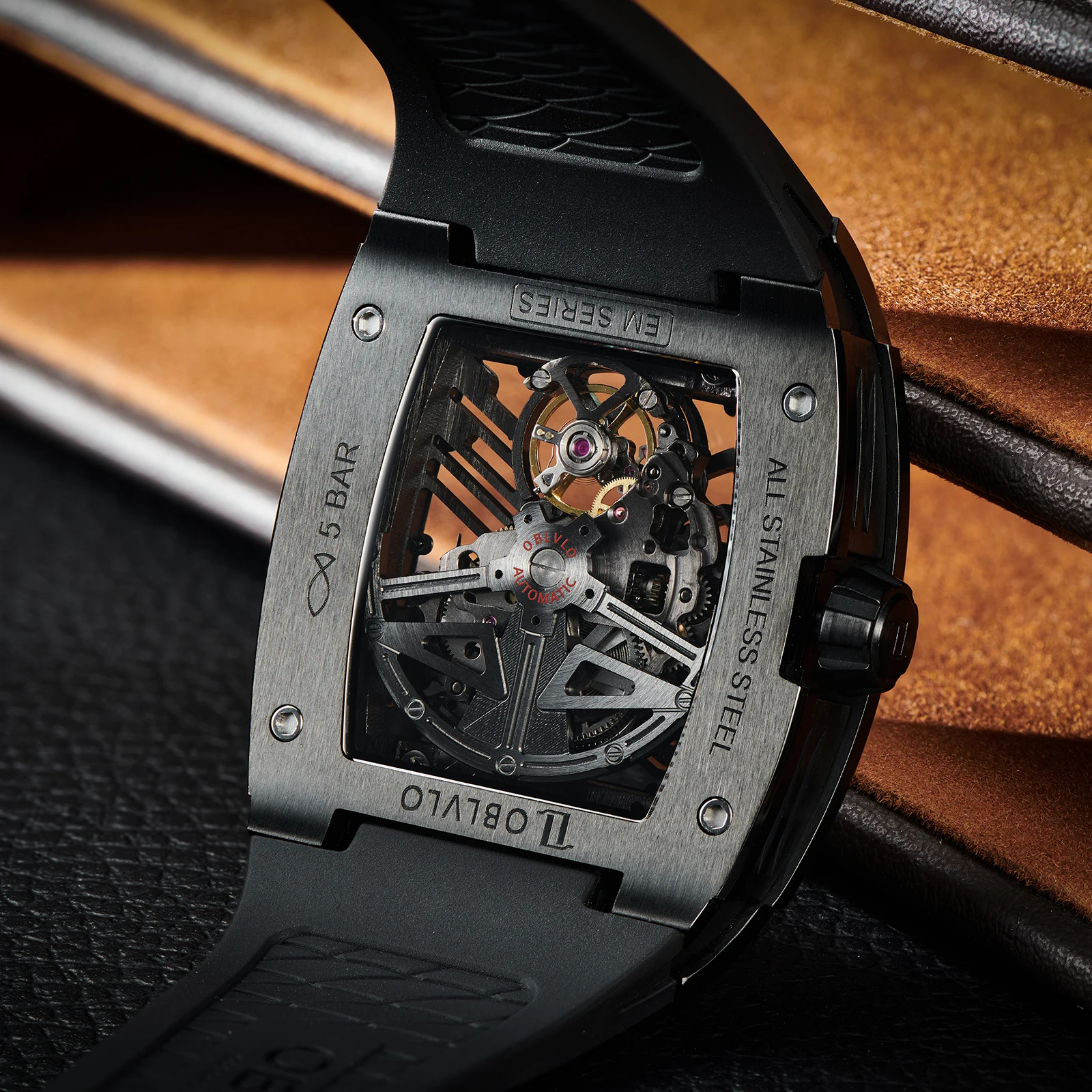 OBLVLO Orologio automatico scavato a forma di barilotto in PVD nero moda Orologio meccanico impermeabile in gomma scheletrata per uomo EM-ST