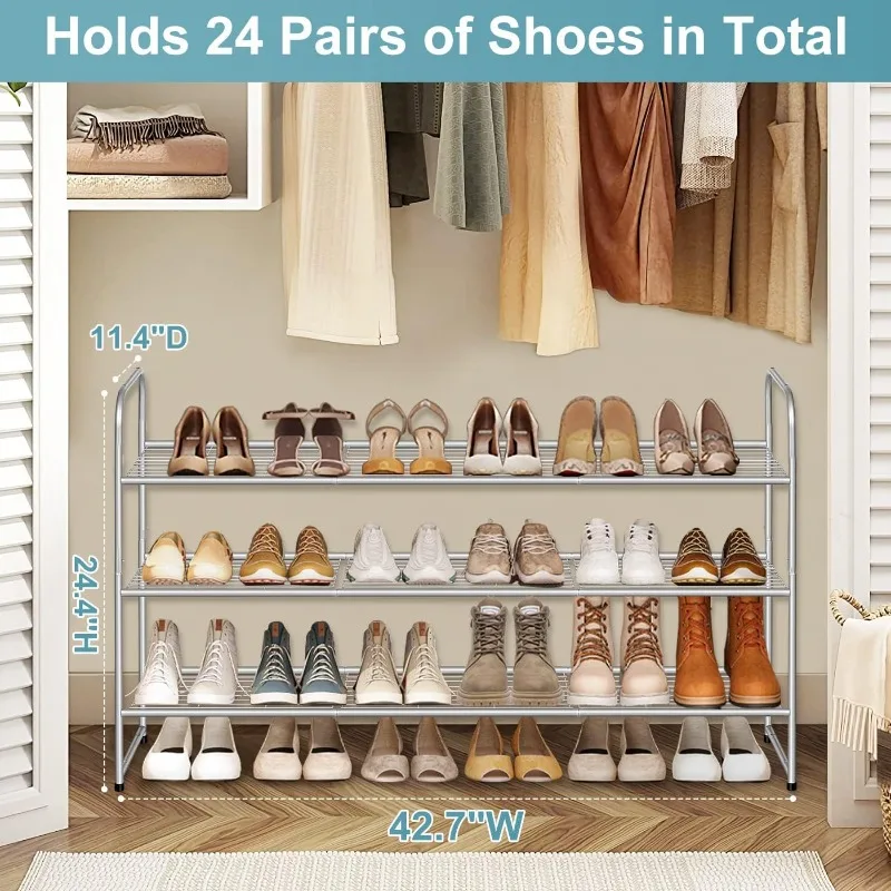 Long 3 Tier Shoe Rack for Entryway, Closet Floor, Wide Shoe