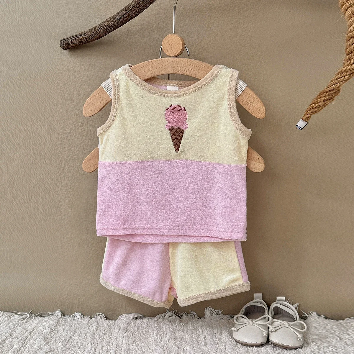 Toddler Baby Summer Outfit Contrast Color Stripe Ice Cream Embroidery Tank Tops and Shorts Set Suitable for Ages 0-3 Years Old 6