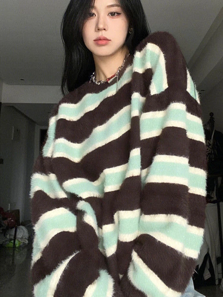

Vintage Striped Sweater Women Korean Fashion Contrast Color Knitted Pullovers Female Autumn Winter Casual Loose Harajuku Jumper