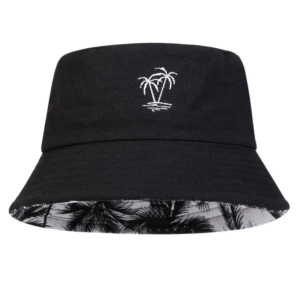 Unisex Coconut Tree Embroidery Double Sided Wearing Bucket Hats Fishermen Caps Outdoor Casual Sunscreen Hats
