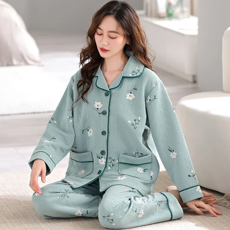 2024 New Autumn Winter Women Three-Layer Air Cotton Pajamas Thickened Thermal Nightclothes Sets Female Casual Homewear Suit