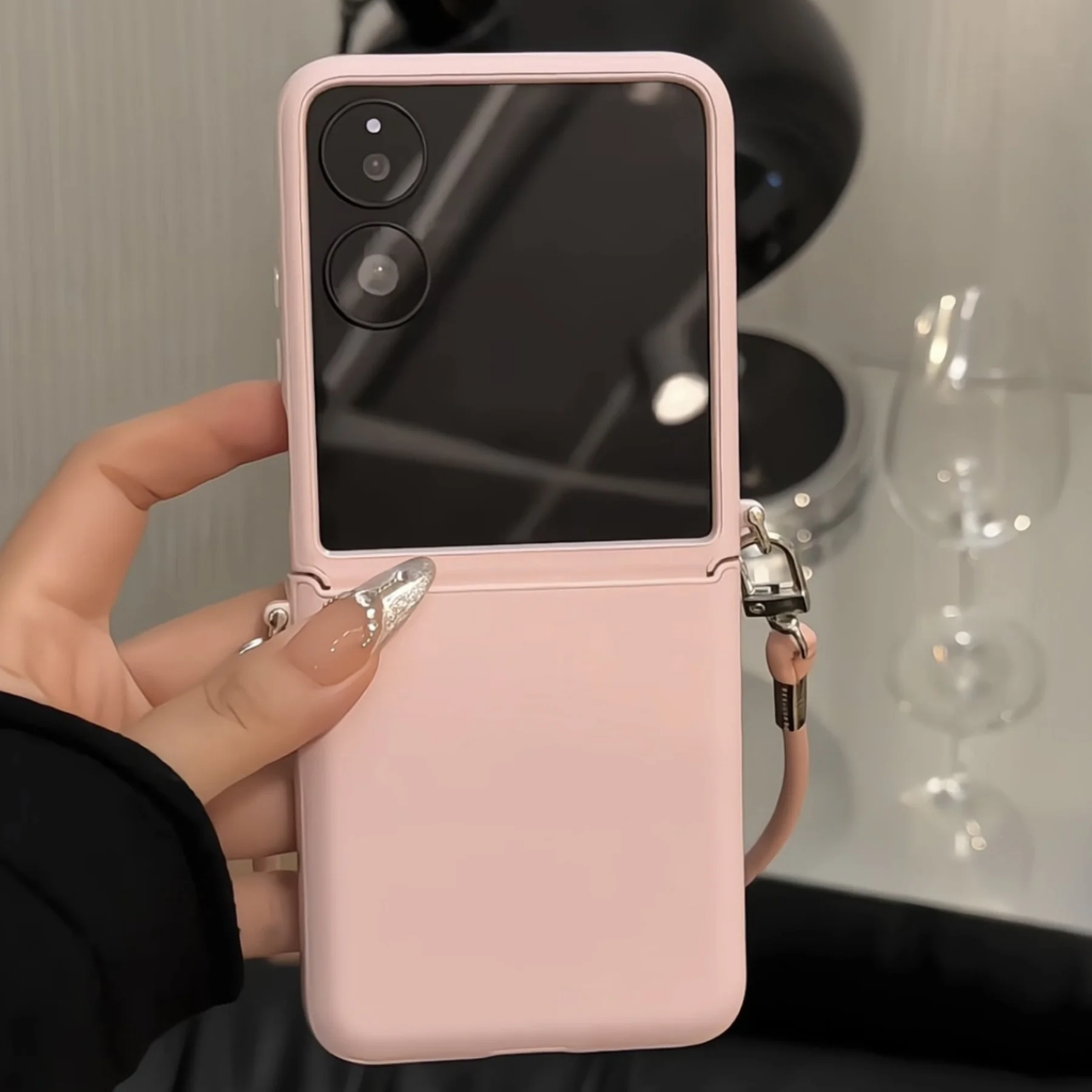 Korean Fresh Pink and White Phone Case with Leather Rope