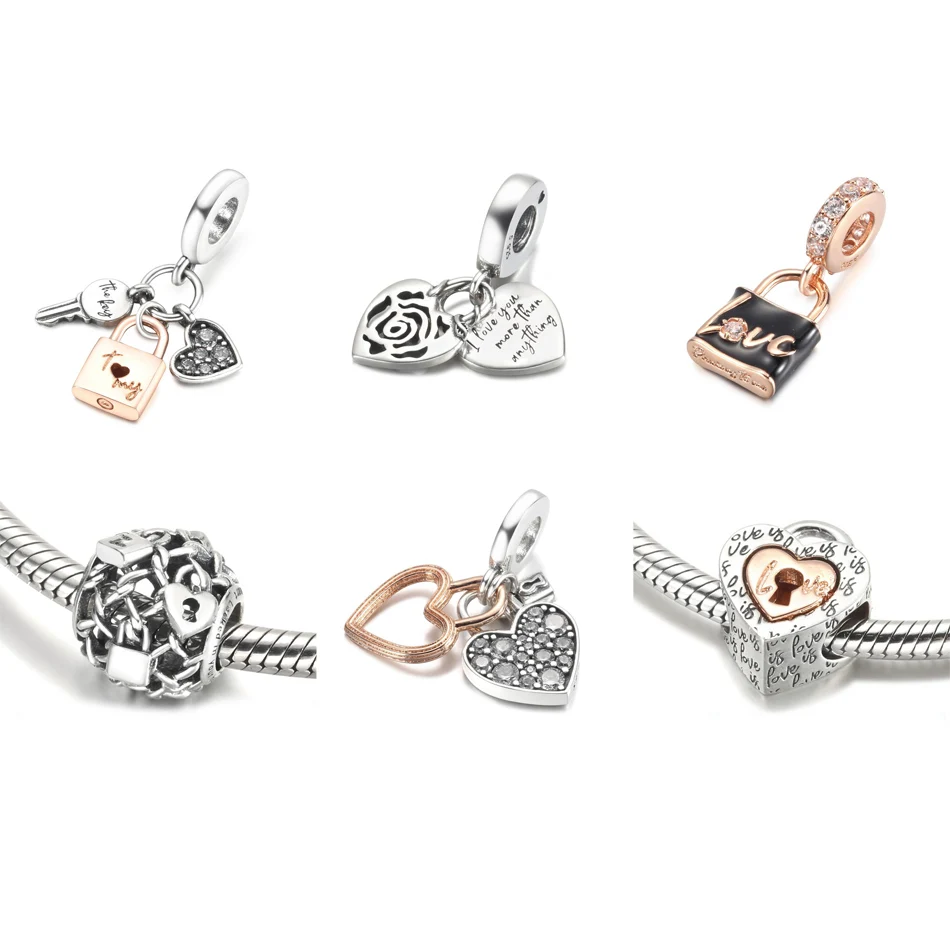

Authentic S925 Sterling Silver Love Lock Dangle Charm Fit Women Bracelet Bangle DIY Jewelry Keep Me Safe Heart Key Bead