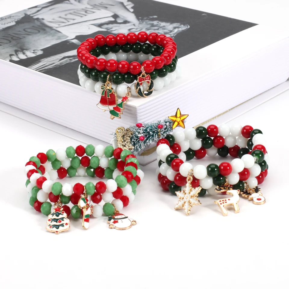 Braccialetti natalizi con perline di legno, rosso, verde, rosa, stampa fiocco di neve e alce, regali per uomini e donne, decorazioni per le vacanze, set di braccialetti in legno