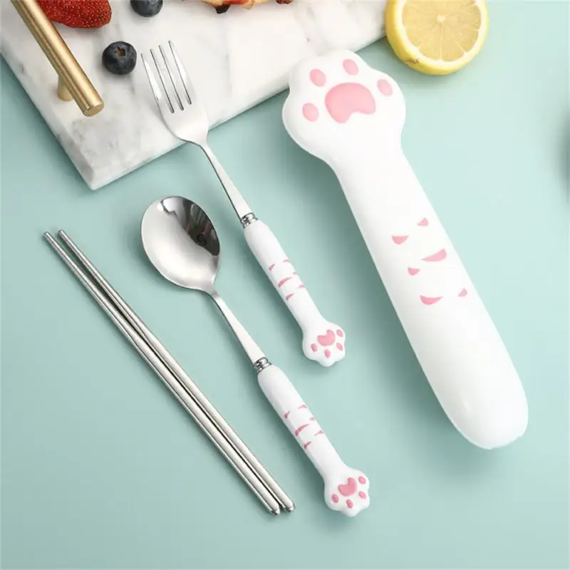 Cutlery set western style cutlery set picnic cutlery set stainless steel cutlery set Cat Paw Cutlery Set Stainless Steel Fork Spoon Chopsticks Storage Box Dinnerware Tableware Silverware Lunch Bento Accessories