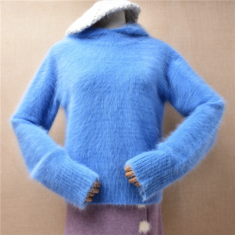 

04 Женская осенне-зимняя одежда синяя пушистая Ангорская шерстяная вязаная свободная норковая кашемировая пуловер с капюшоном из меха кролика джемпер свитер