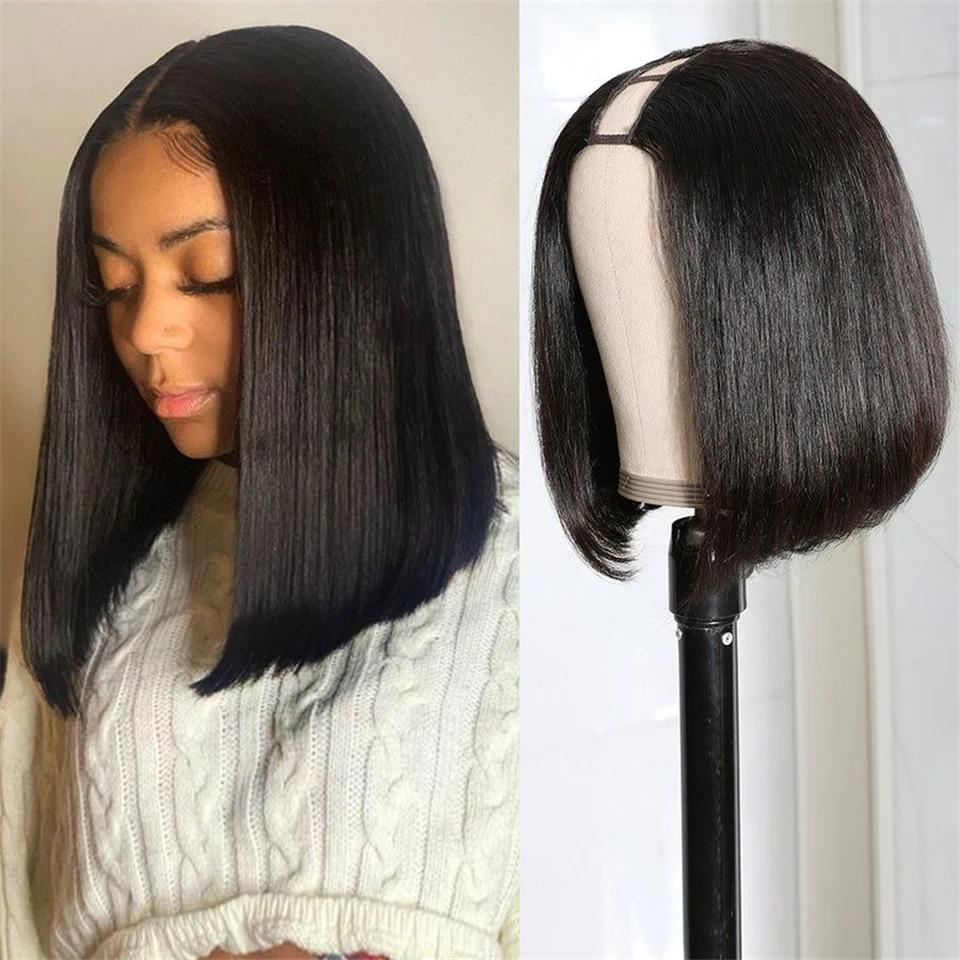 

250 Density U Part Wig Human Hair Indian Straight Short Bob Wigs For Women Remy Glueless V Part Machine Made Wig Natural Color