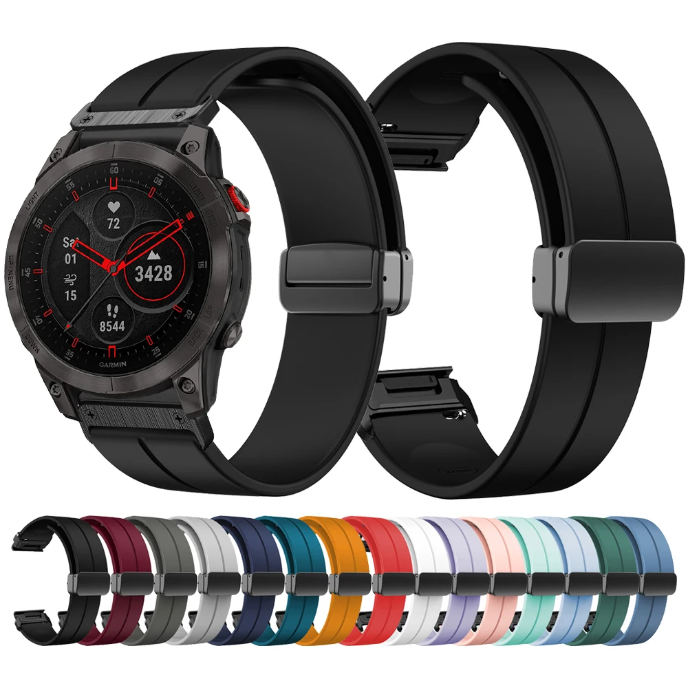 

QuickFit 22mm 26mm Silicone Magnetic Folding Buckle Strap For Garmin EPIX Gen2 Fenix 7 7X 6X Pro 5Plus Enduro Bracelet Watchband