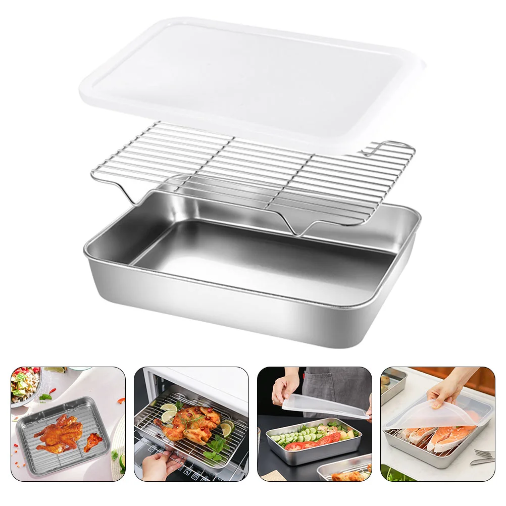

1 Set of Stainless Steel Roasting Pan with Rack Kitchen Storage Pan Oil Straining Grill Plate