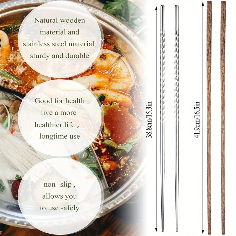 Hot Pot Chopsticks Extra Long Stainless Steel Design for Cooking Frying Stirring Noodles Heat-Resistant Reusable Non-Slip Grip