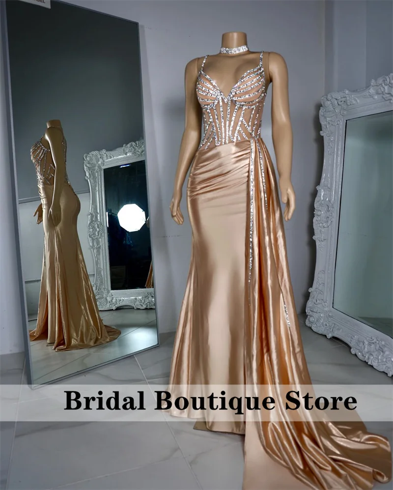 

New Arrival Mermaid Evening Dresses Luxury Side Train Beading Crystals Elegant Prom Dress For Wedding Engagement Birthday Party
