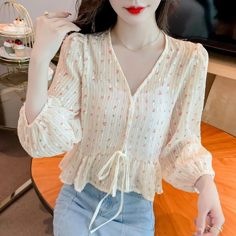 Women's Floral Printed Lace Up Sweet Kawaii Shirt Summer Trendy Ruffled V Neck Thin Blouse Casual Chic Short Tops Female Blusas