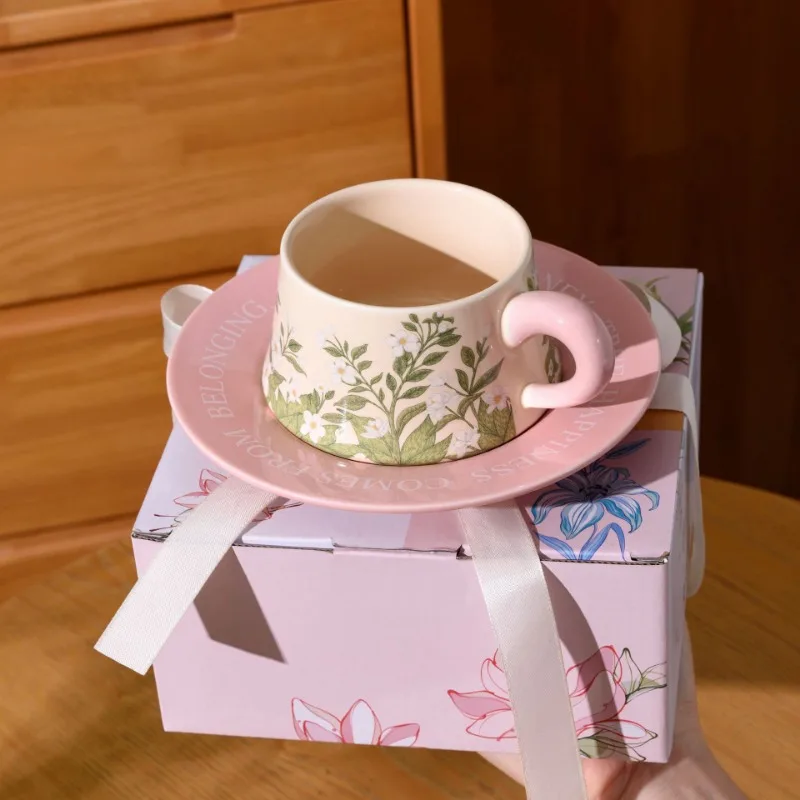 Ins Jasmine Coffee Cup and Plate Set Antique Wedding Gift Souvenir Pink Cup and Plate Gift Boxed Water Cup