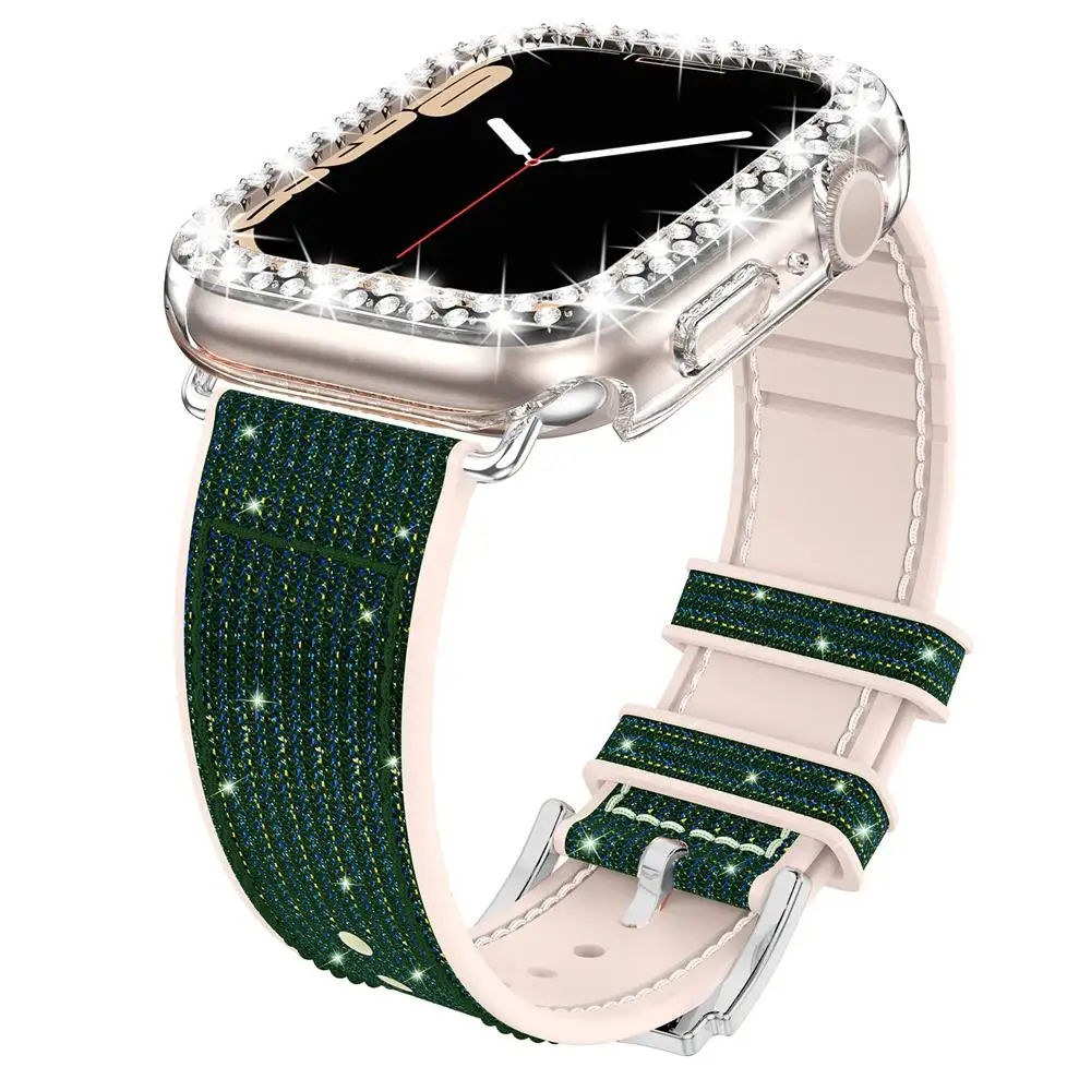 Case+silicone Leather Strap For Apple watch band 41mm 45mm 40mm 44mm 38mm 42mm 44 Bling bracelet iWatch serie 3 4 5 6 se 7 strap