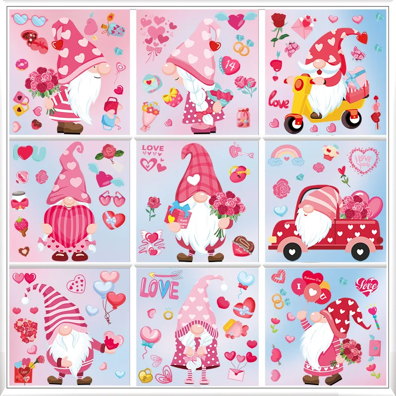 9Sheets Valentines Day Window Stickers Cartoon Gnome I Love U Heart Shape Glass Stickers Decals Wedding Party Home Decoration