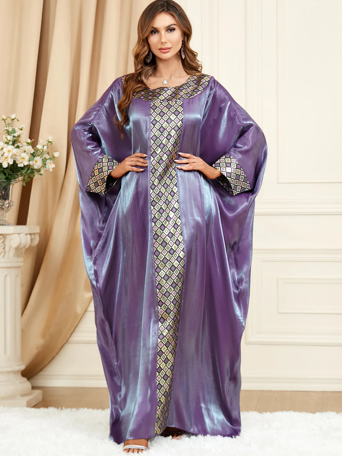 

Shimmer Women's Caftan Algerian Patchwork Long Arabic Dress Dubai Turk Islamic Clothing Ramadan Eid Jalabiya Hijabi Abaya