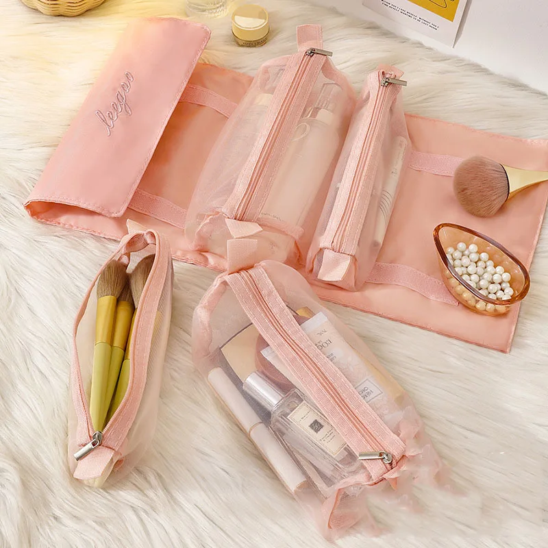 Detachable 4 in 1 Multifunctional Makeup Bag, Portable Mesh Toilet Bag, Foldable Travel Cosmetics Storage Bag