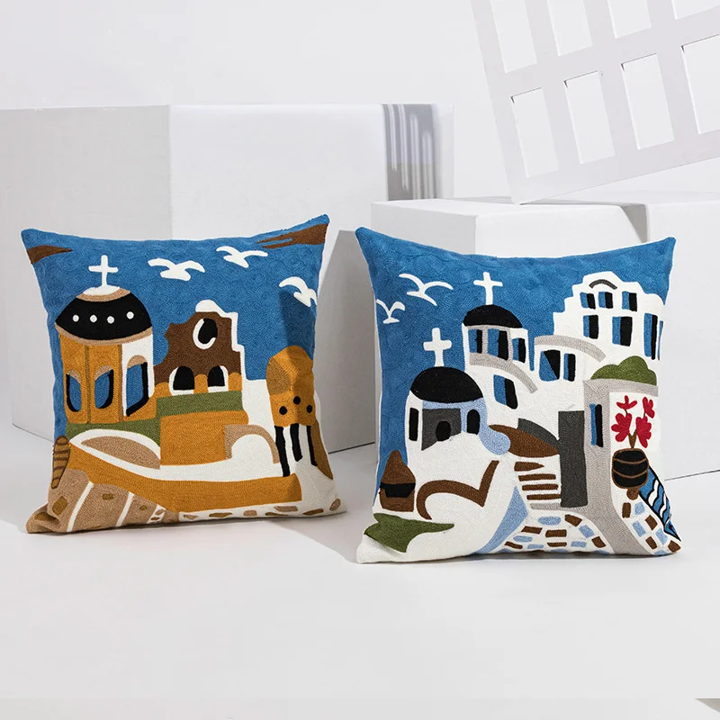 

Embroidered cushion cover Beach Building Geometric Blue Pillow Cover Sea Decoration 45x45cm Cotton Breathable Zipper Open