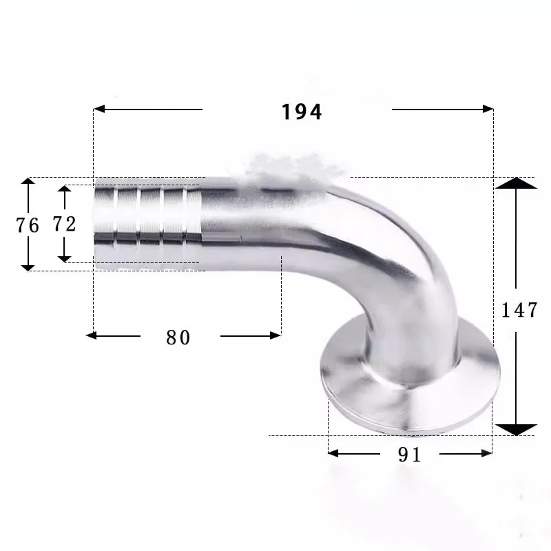 Tri Clamp 3"(76mm) OD 91mm Ferrule 90 Degree Elbow SS304 Sanitary Hose Barb Pipe Fitting