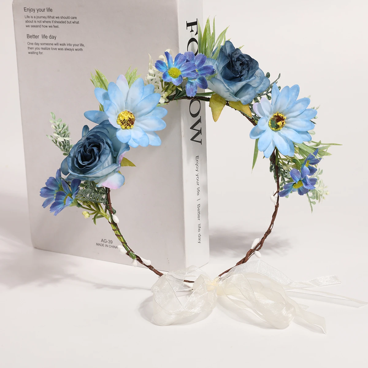 Einfaches und Modisches Ätherisches Künstliches Blumen-Haarband mit Frischen Gänseblümchen und Rosen Foto Hochzeit Urlaub Feenblume W – Detail 9