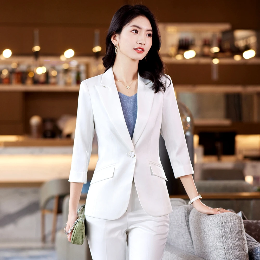 Retirada Enfriarse cúbico Ropa formal Coreana de primavera y verano para mujer, chaqueta de media  manga y pantalones, traje de dos piezas con cuello blanco para oficina y  negocios| | - AliExpress