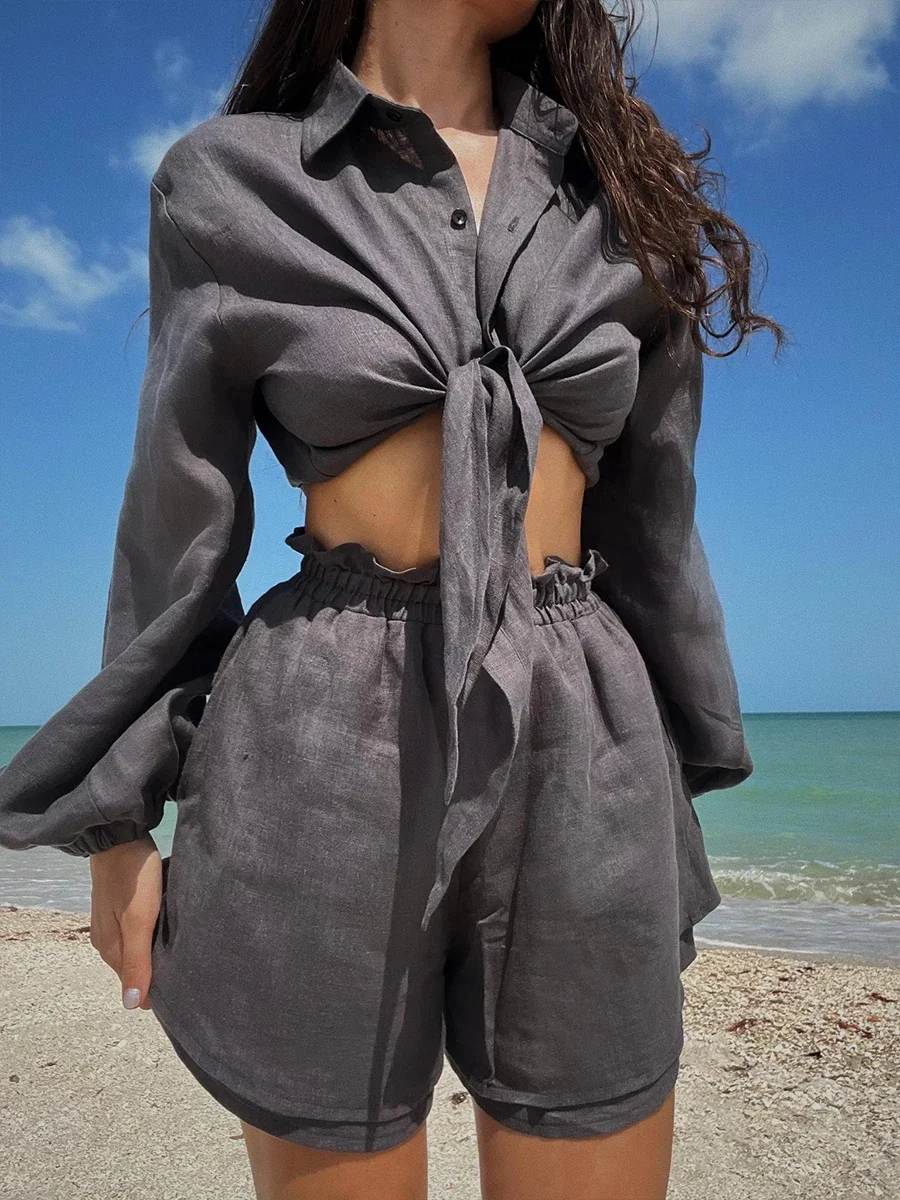 Bronladies Loose Casual Shorts Two-Piece Set Womem's Fashionable  Lace Up Long Sleeves Shorts Solid Color Top Set Summer New