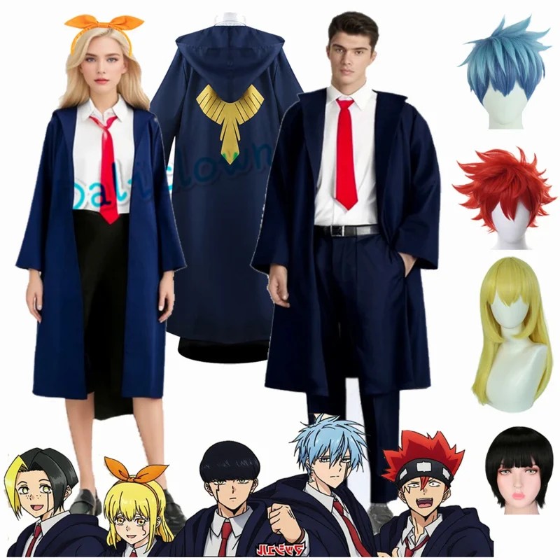 Anime Mashle Magic And Muscles Costume Cosplay Mash Lance Lemon Dot Finn Easton Magic Academy Uniform Blue Robe Cloak Cape Wig